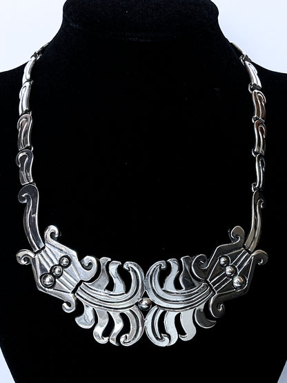 Vintage 1940's Mexico Sterling Silver Incised Hector Aguilar Statement Necklace