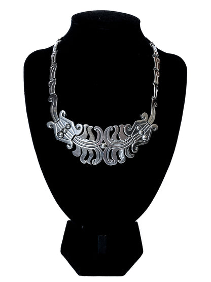Vintage 1940's Mexico Sterling Silver Incised Hector Aguilar Statement Necklace
