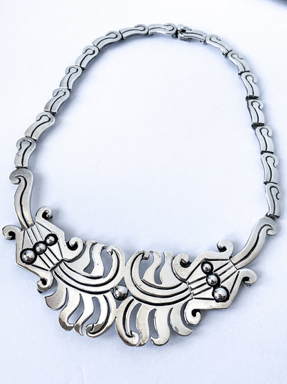 Vintage 1940's Mexico Sterling Silver Incised Hector Aguilar Statement Necklace