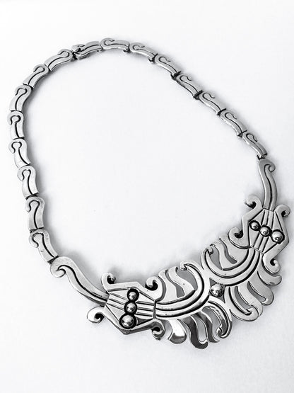 Vintage 1940's Mexico Sterling Silver Incised Hector Aguilar Statement Necklace
