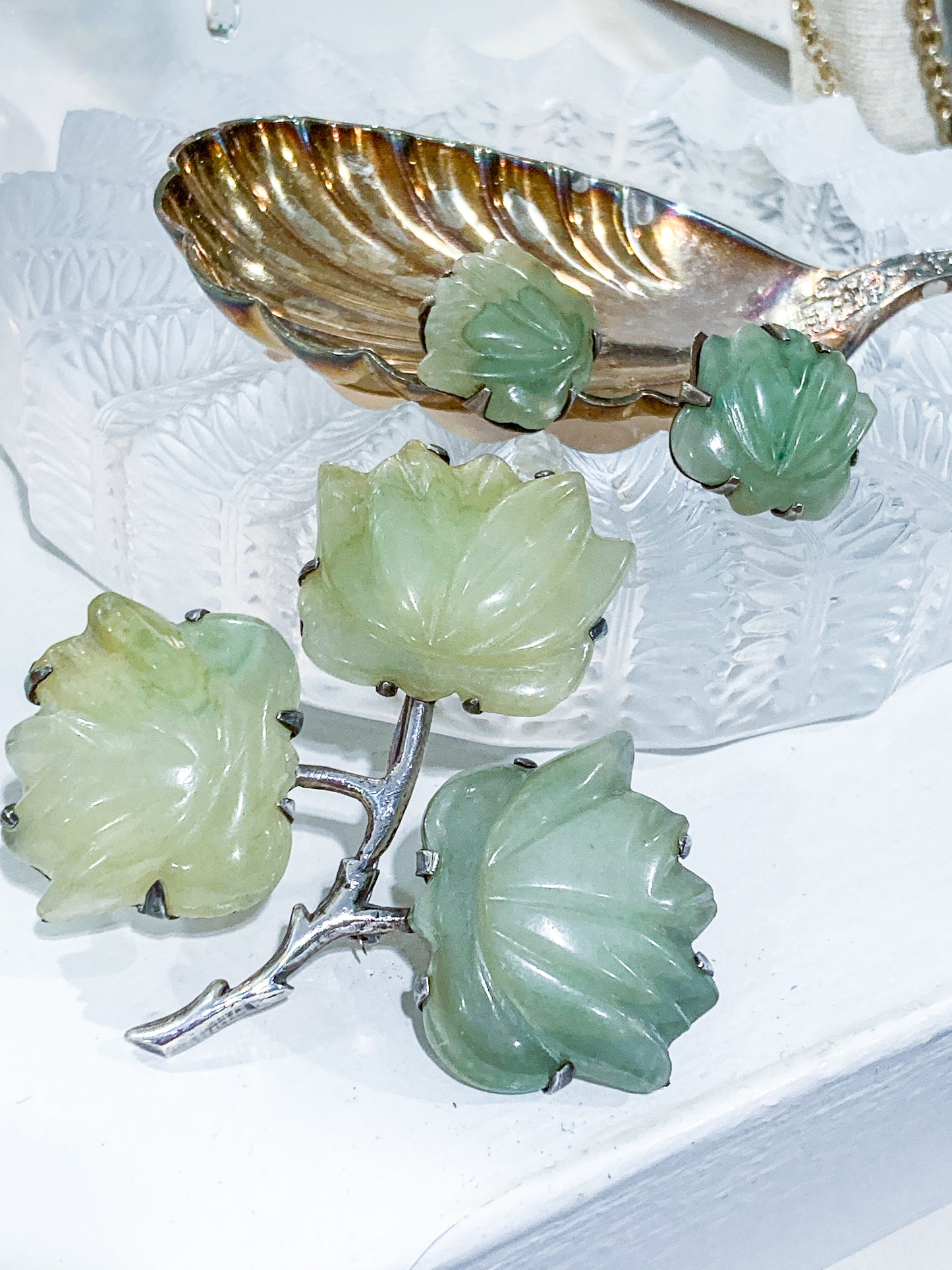 Vintage Mexico Sterling Silver Nephrite Flower Large Brooch Earring Set