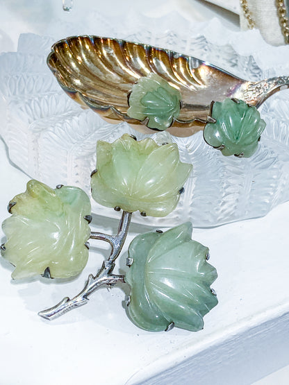 Vintage Mexico Sterling Silver Nephrite Flower Large Brooch Earring Set