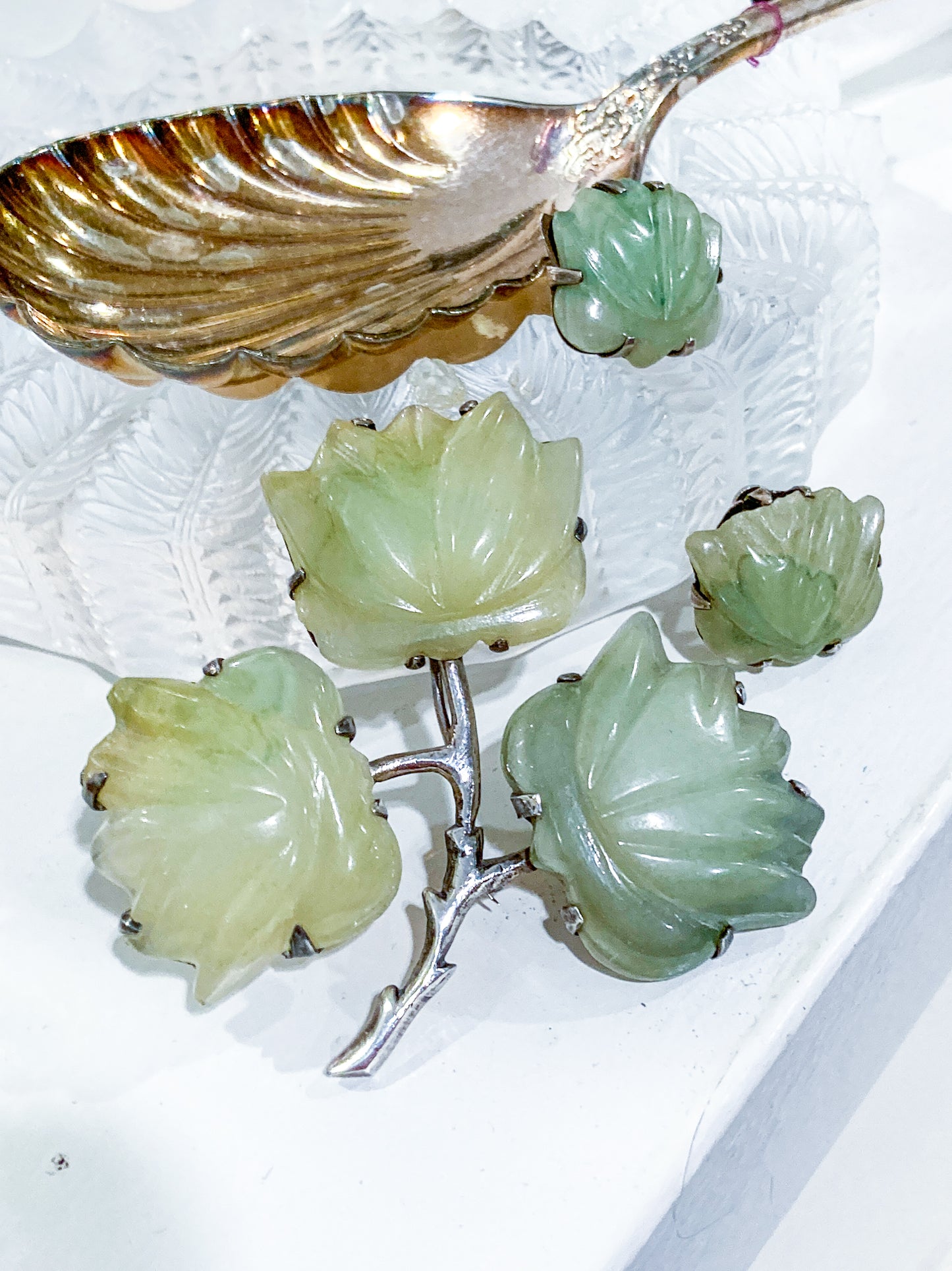 Vintage Mexico Sterling Silver Nephrite Flower Large Brooch Earring Set