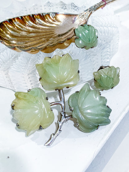 Vintage Mexico Sterling Silver Nephrite Flower Large Brooch Earring Set