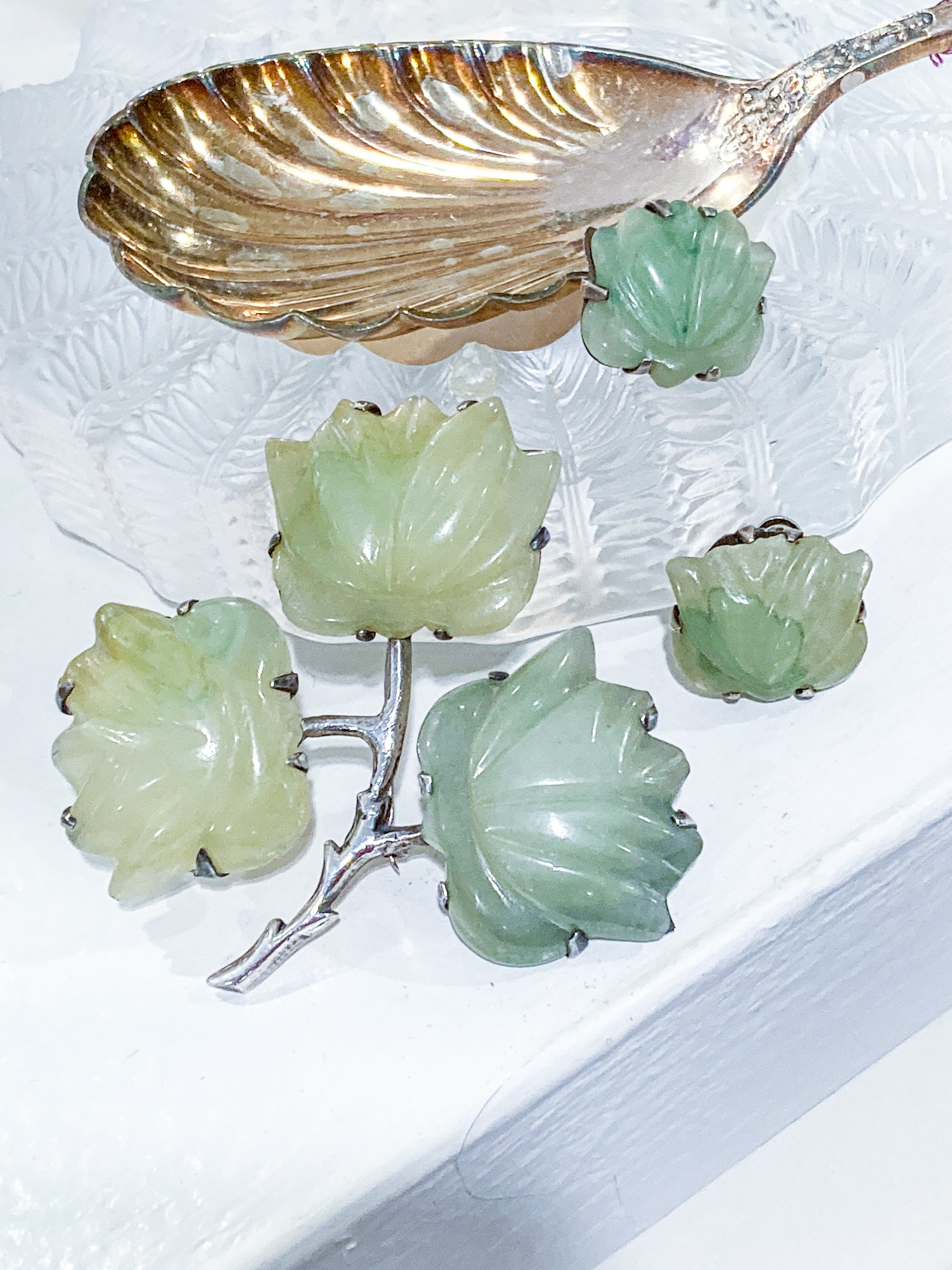 Vintage Mexico Sterling Silver Nephrite Flower Large Brooch Earring Set