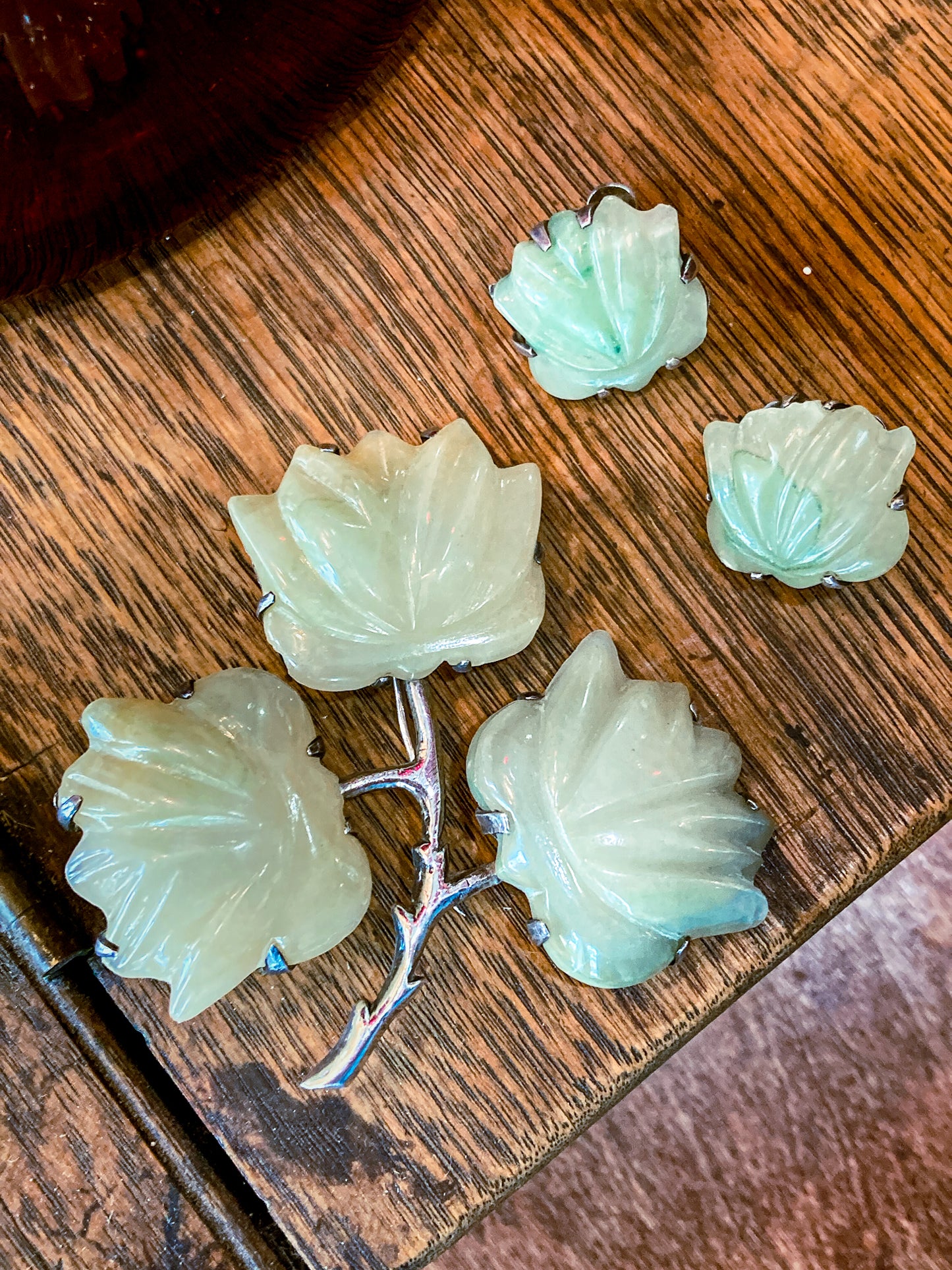 Vintage Mexico Sterling Silver Nephrite Flower Large Brooch Earring Set