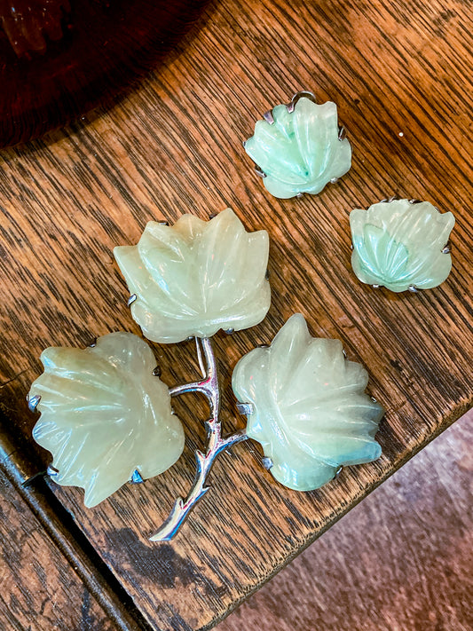 Vintage Mexico Sterling Silver Nephrite Flower Large Brooch Earring Set