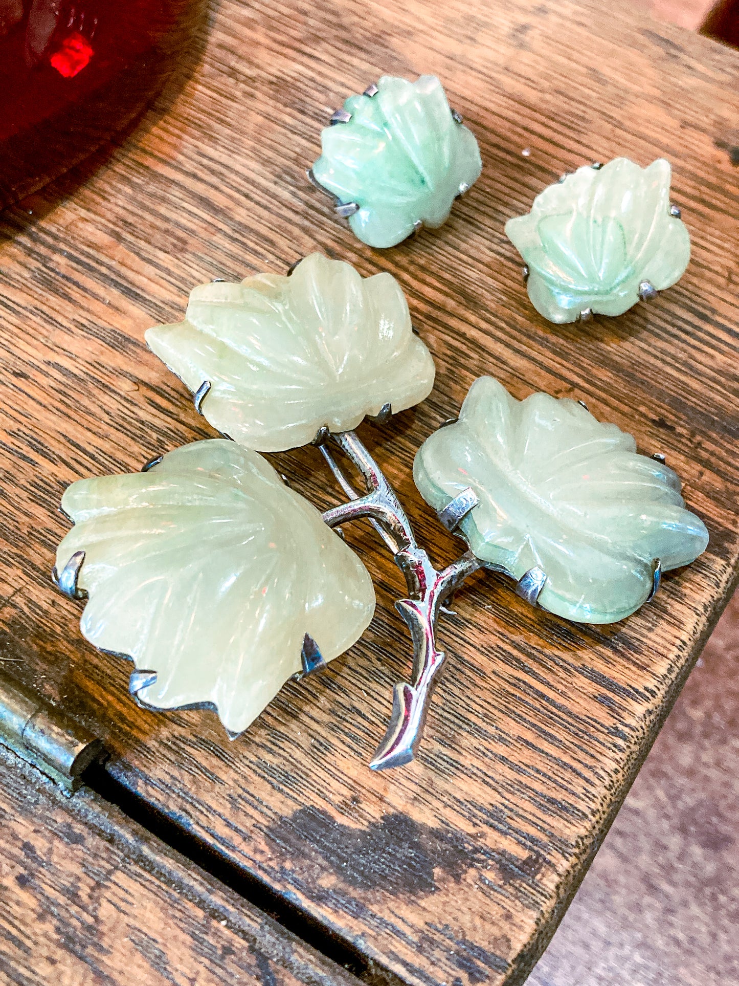 Vintage Mexico Sterling Silver Nephrite Flower Large Brooch Earring Set