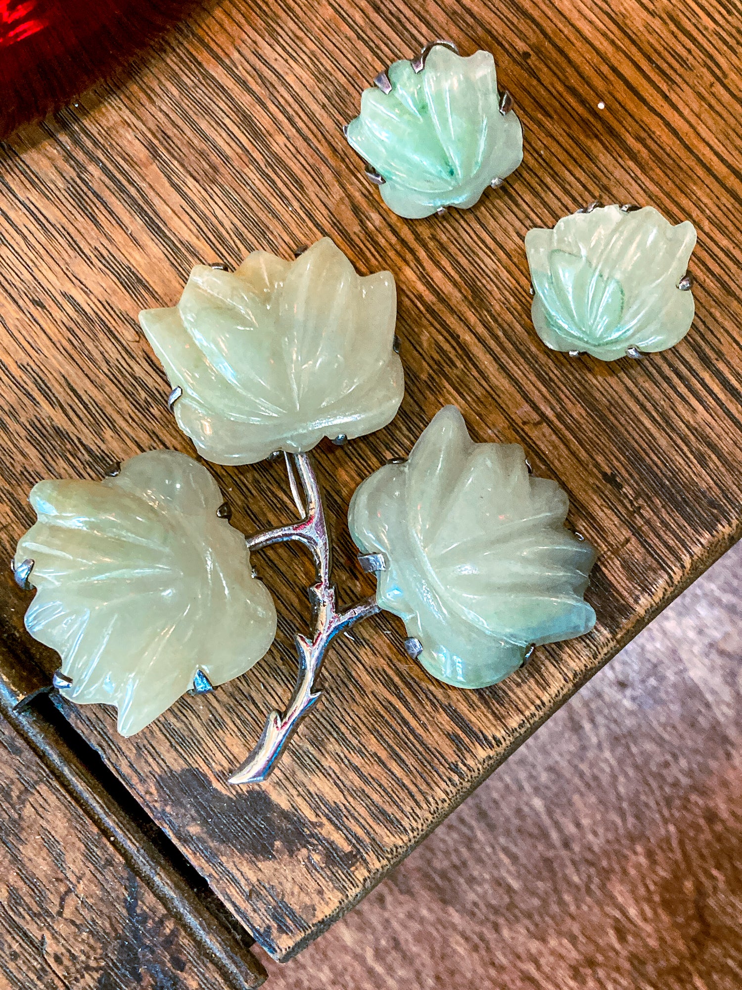 Vintage Mexico Sterling Silver Nephrite Flower Large Brooch Earring Set
