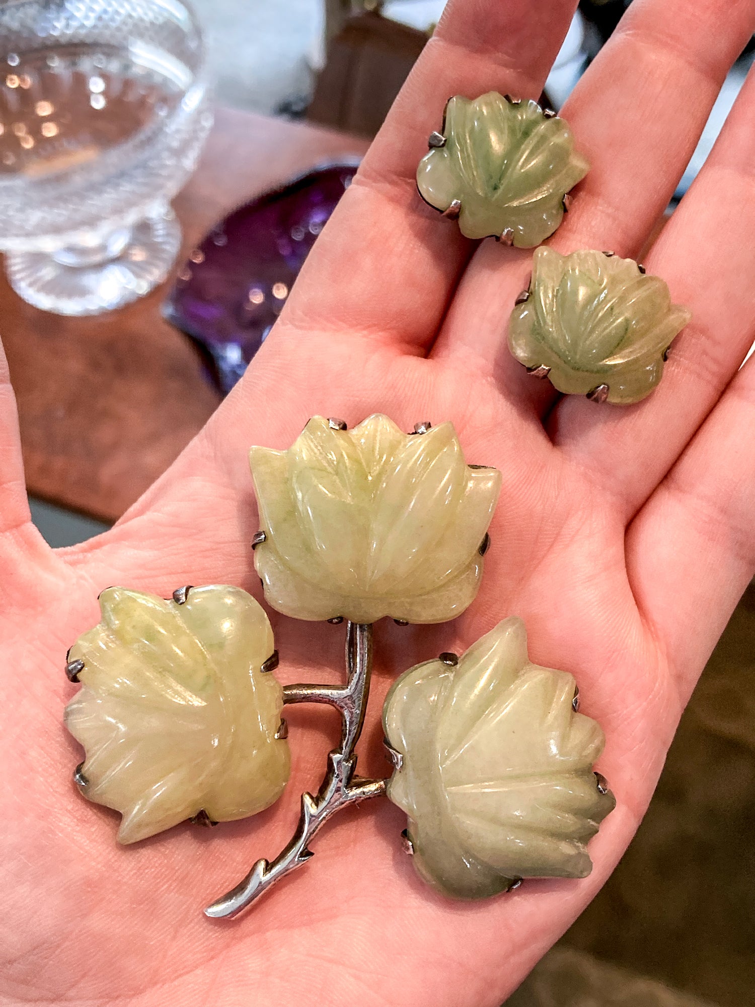 Vintage Mexico Sterling Silver Nephrite Flower Large Brooch Earring Set