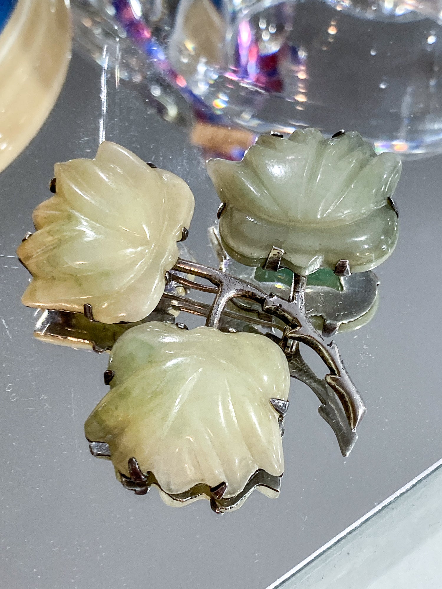 Vintage Mexico Sterling Silver Nephrite Flower Large Brooch Earring Set
