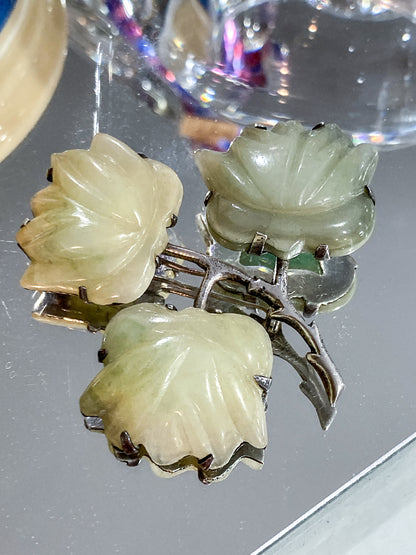 Vintage Mexico Sterling Silver Nephrite Flower Large Brooch Earring Set
