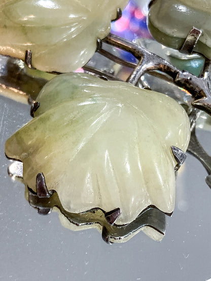Vintage Mexico Sterling Silver Nephrite Flower Large Brooch Earring Set