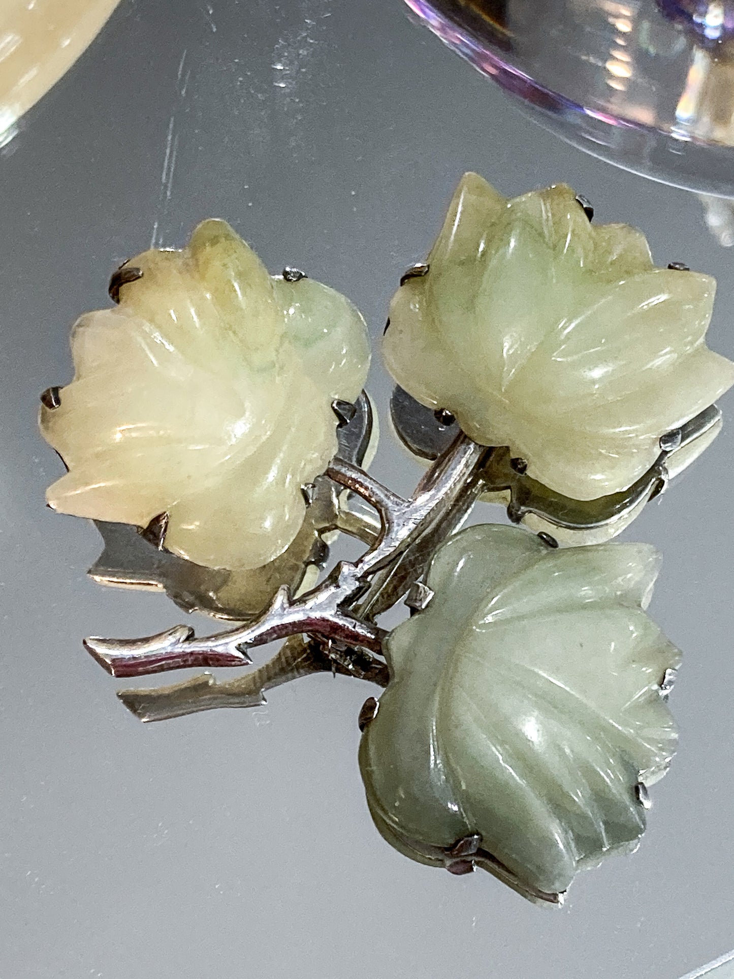 Vintage Mexico Sterling Silver Nephrite Flower Large Brooch Earring Set