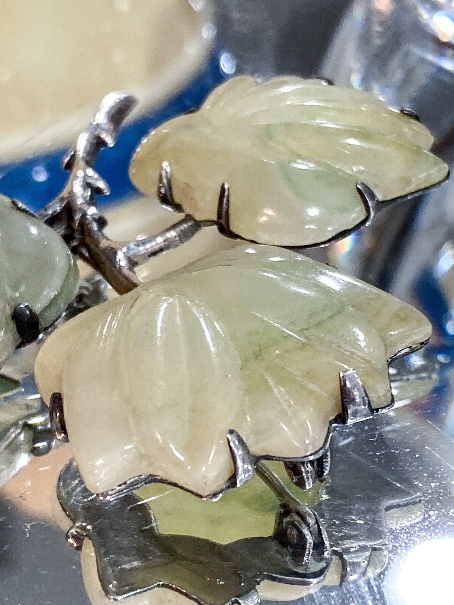 Vintage Mexico Sterling Silver Nephrite Flower Large Brooch Earring Set