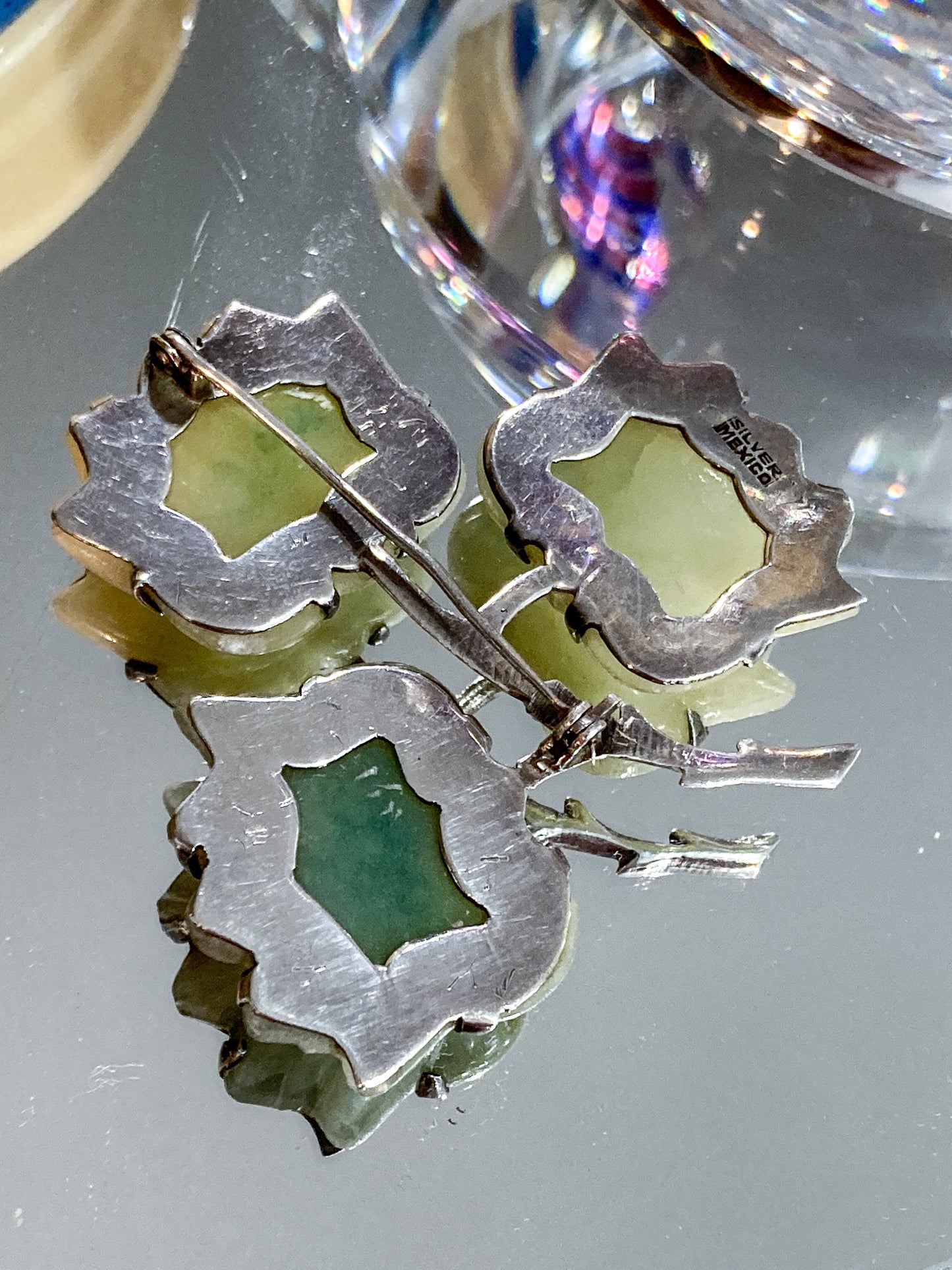 Vintage Mexico Sterling Silver Nephrite Flower Large Brooch Earring Set