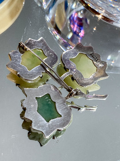 Vintage Mexico Sterling Silver Nephrite Flower Large Brooch Earring Set