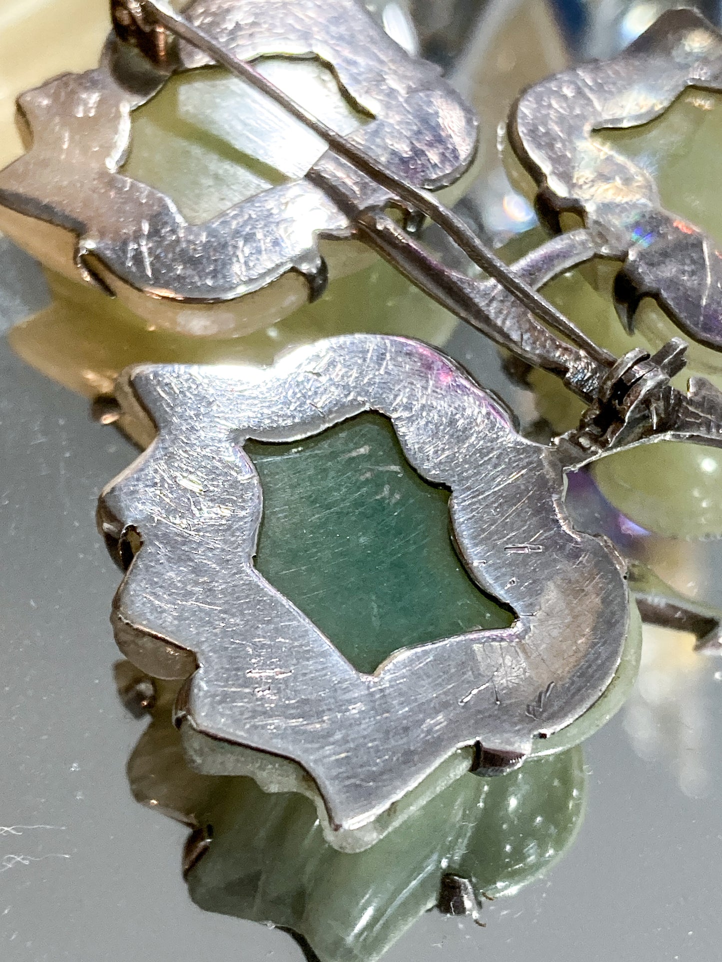 Vintage Mexico Sterling Silver Nephrite Flower Large Brooch Earring Set