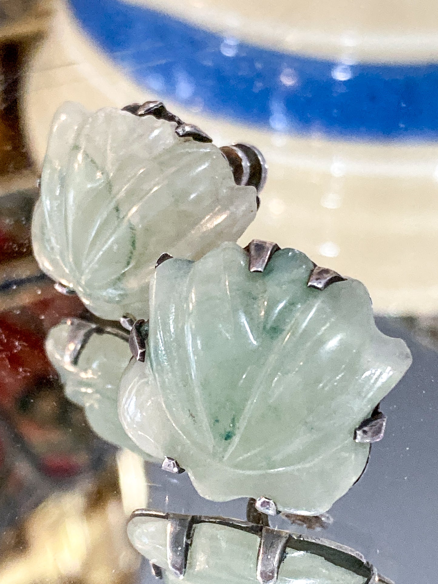 Vintage Mexico Sterling Silver Nephrite Flower Large Brooch Earring Set