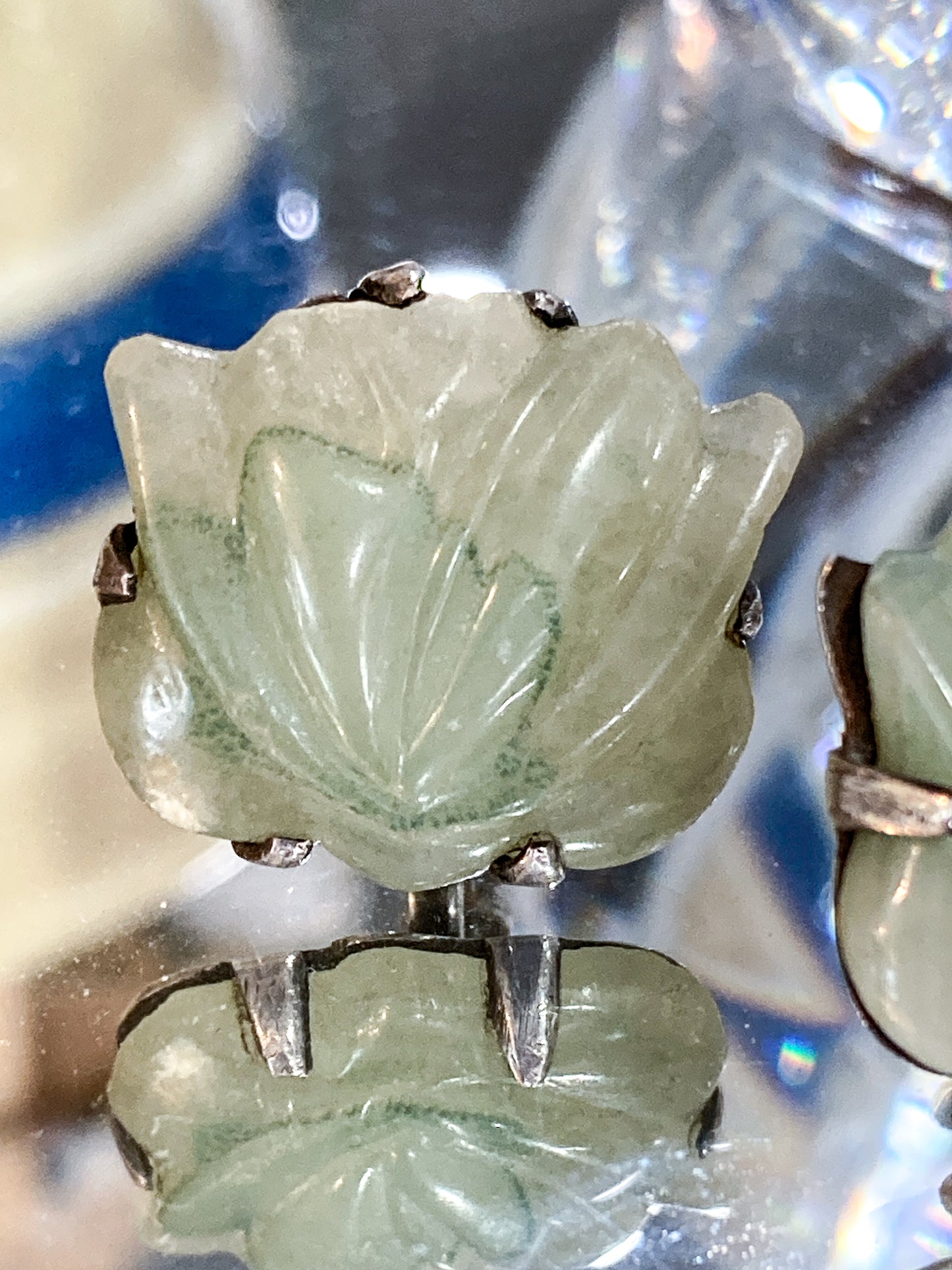 Vintage Mexico Sterling Silver Nephrite Flower Large Brooch Earring Set