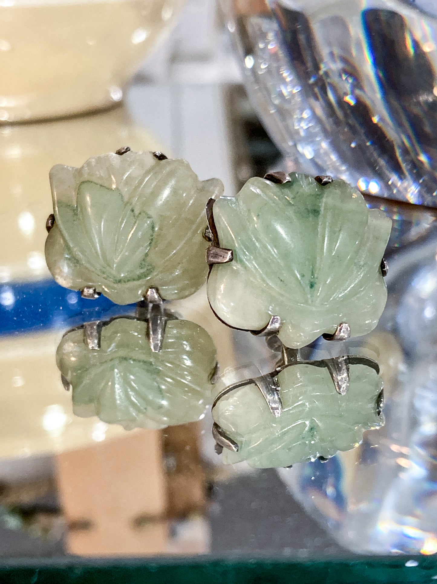 Vintage Mexico Sterling Silver Nephrite Flower Large Brooch Earring Set