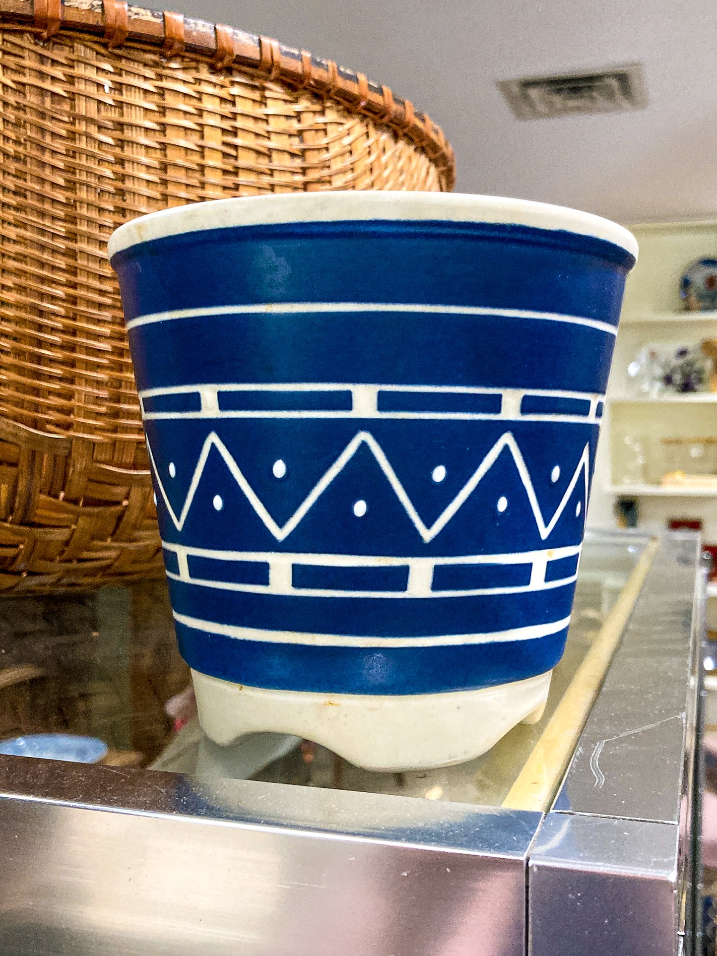 Vintage Mid Century Soholm Handpainted Danish Blue White Stoneware Planter Pot