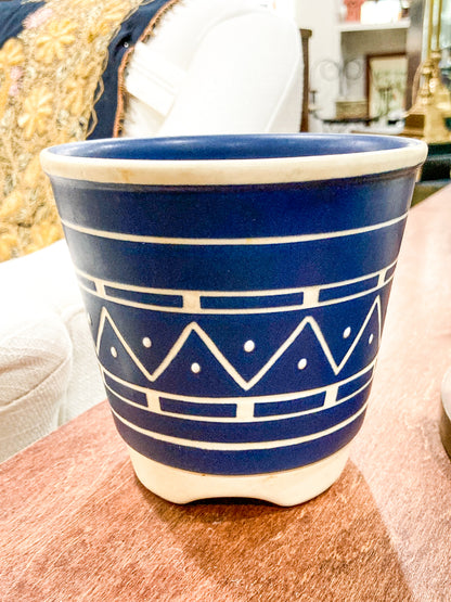 Vintage Mid Century Soholm Handpainted Danish Blue White Stoneware Planter Pot