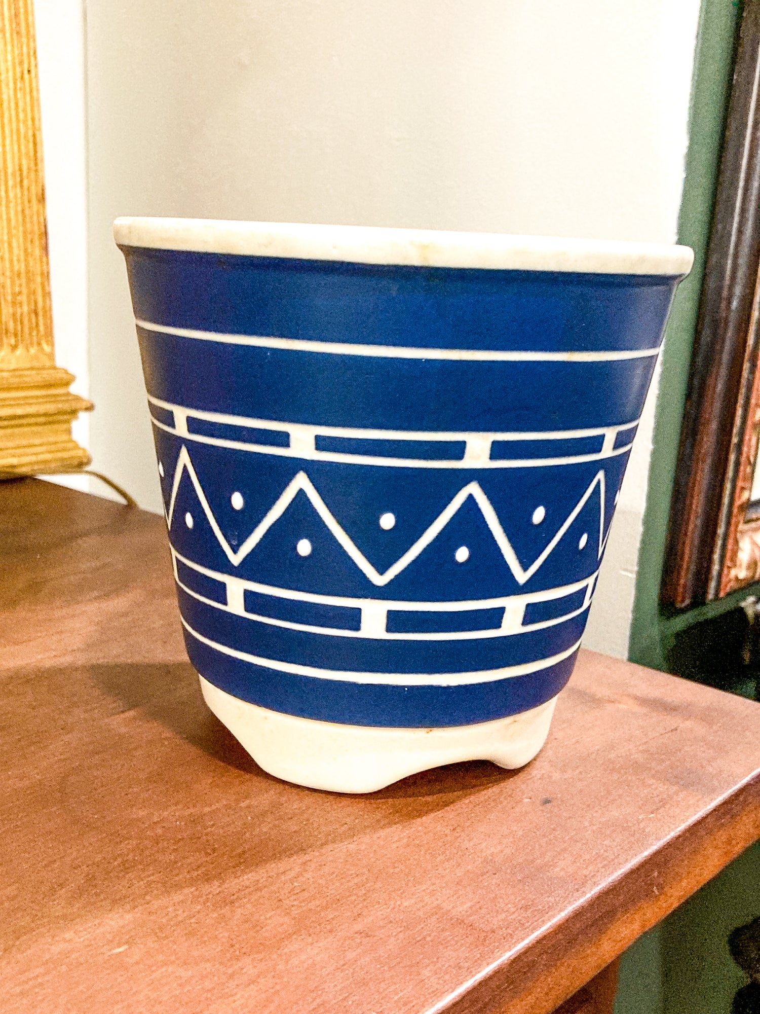 Vintage Mid Century Soholm Handpainted Danish Blue White Stoneware Planter Pot