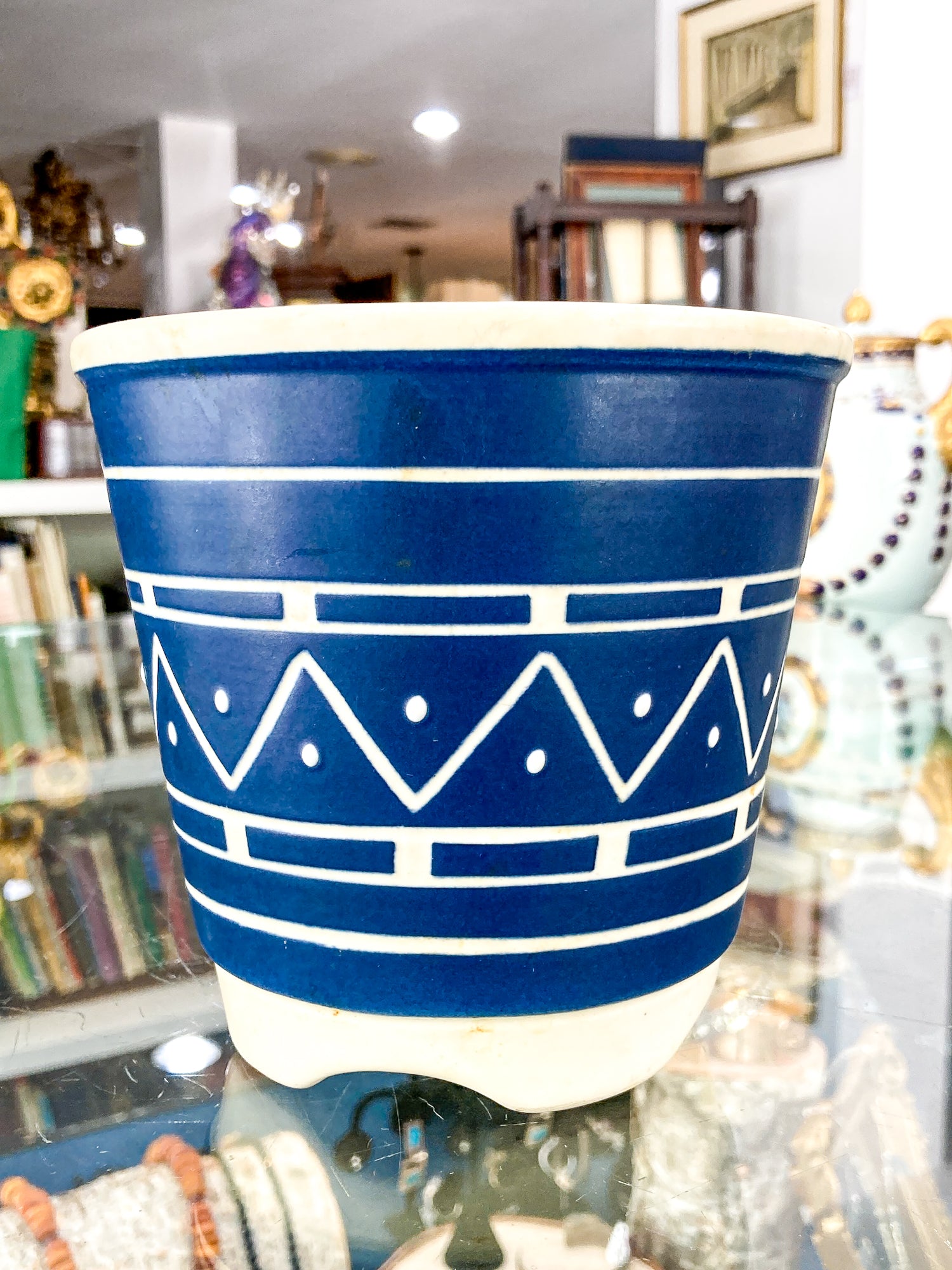 Vintage Mid Century Soholm Handpainted Danish Blue White Stoneware Planter Pot