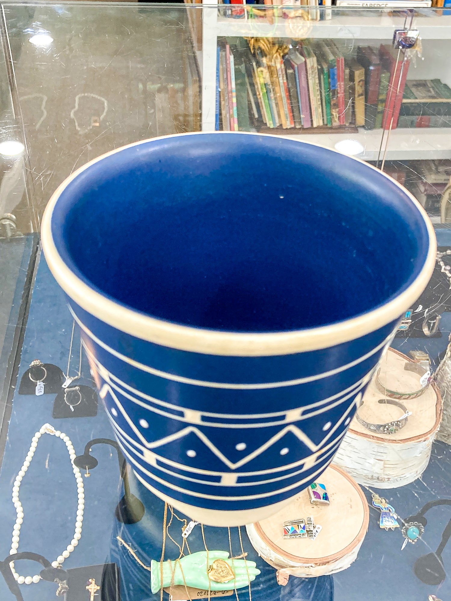 Vintage Mid Century Soholm Handpainted Danish Blue White Stoneware Planter Pot