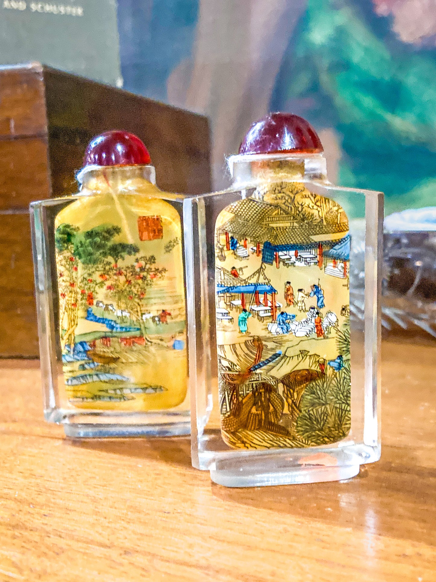 Vintage Midcentury Chinese Cityscape Reverse Painted Rock Crystal Snuff Bottles