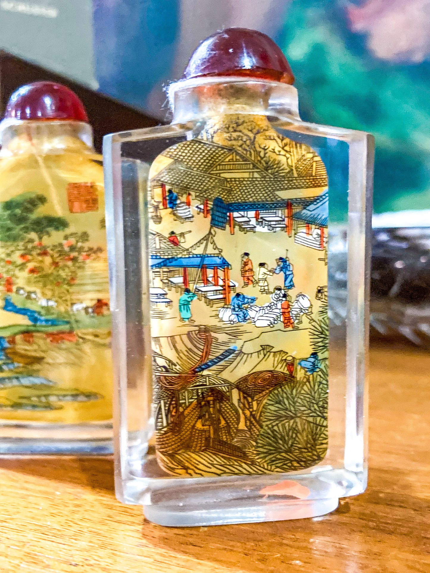 Vintage Midcentury Chinese Cityscape Reverse Painted Rock Crystal Snuff Bottles