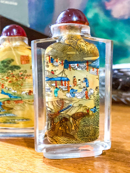Vintage Midcentury Chinese Cityscape Reverse Painted Rock Crystal Snuff Bottles