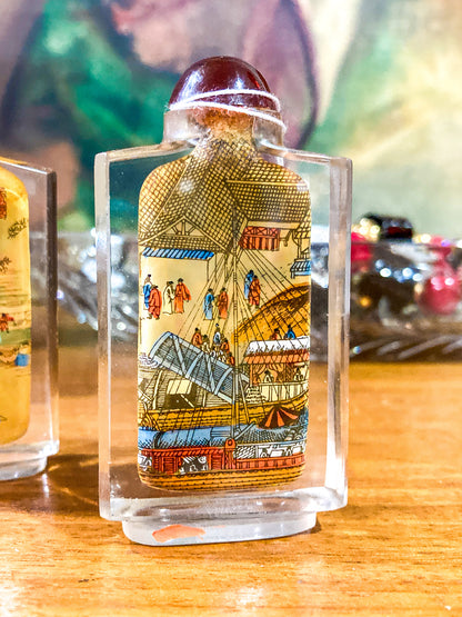Vintage Midcentury Chinese Cityscape Reverse Painted Rock Crystal Snuff Bottles1