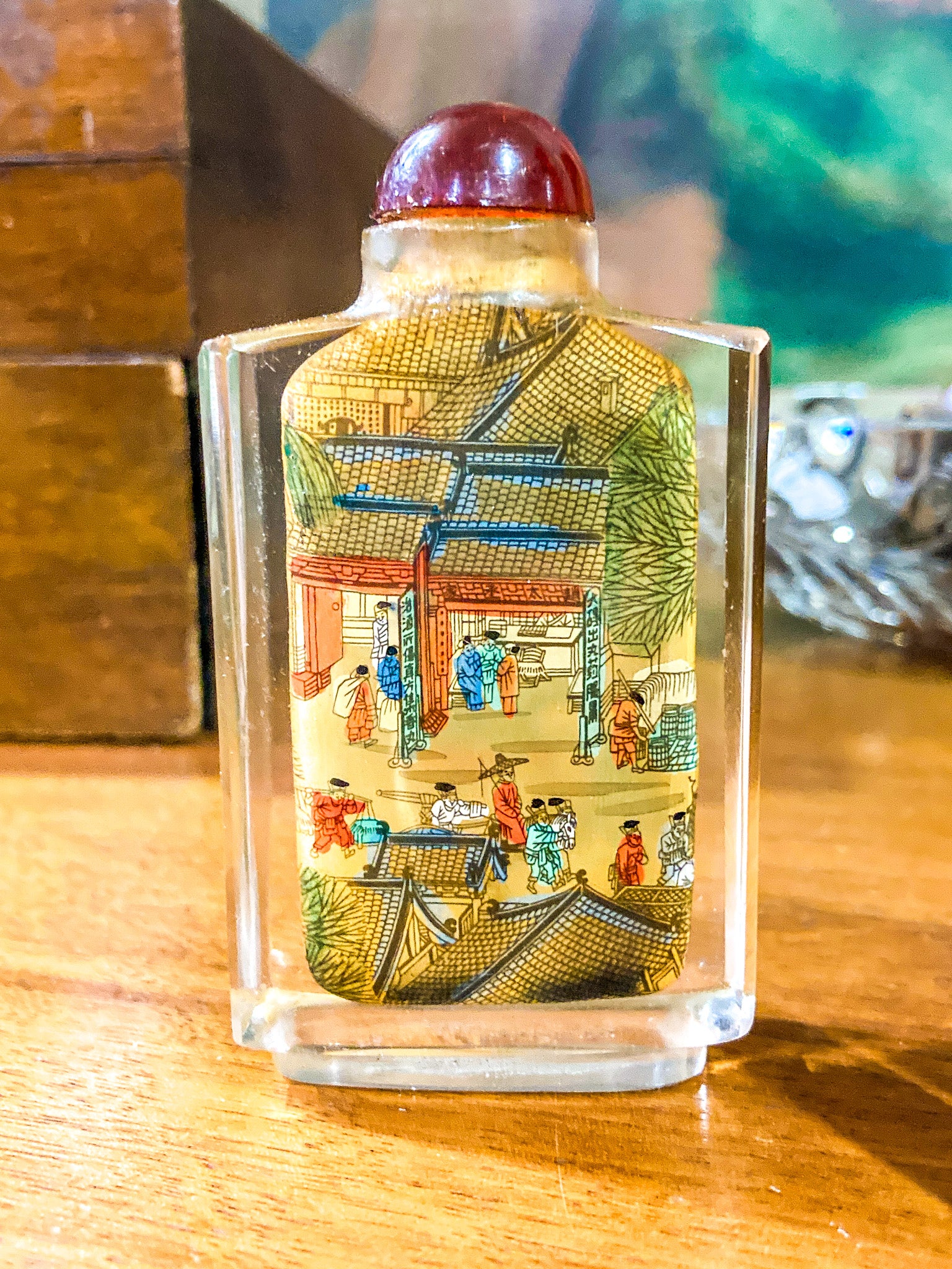 Vintage Midcentury Chinese Cityscape Reverse Painted Rock Crystal Snuff Bottles