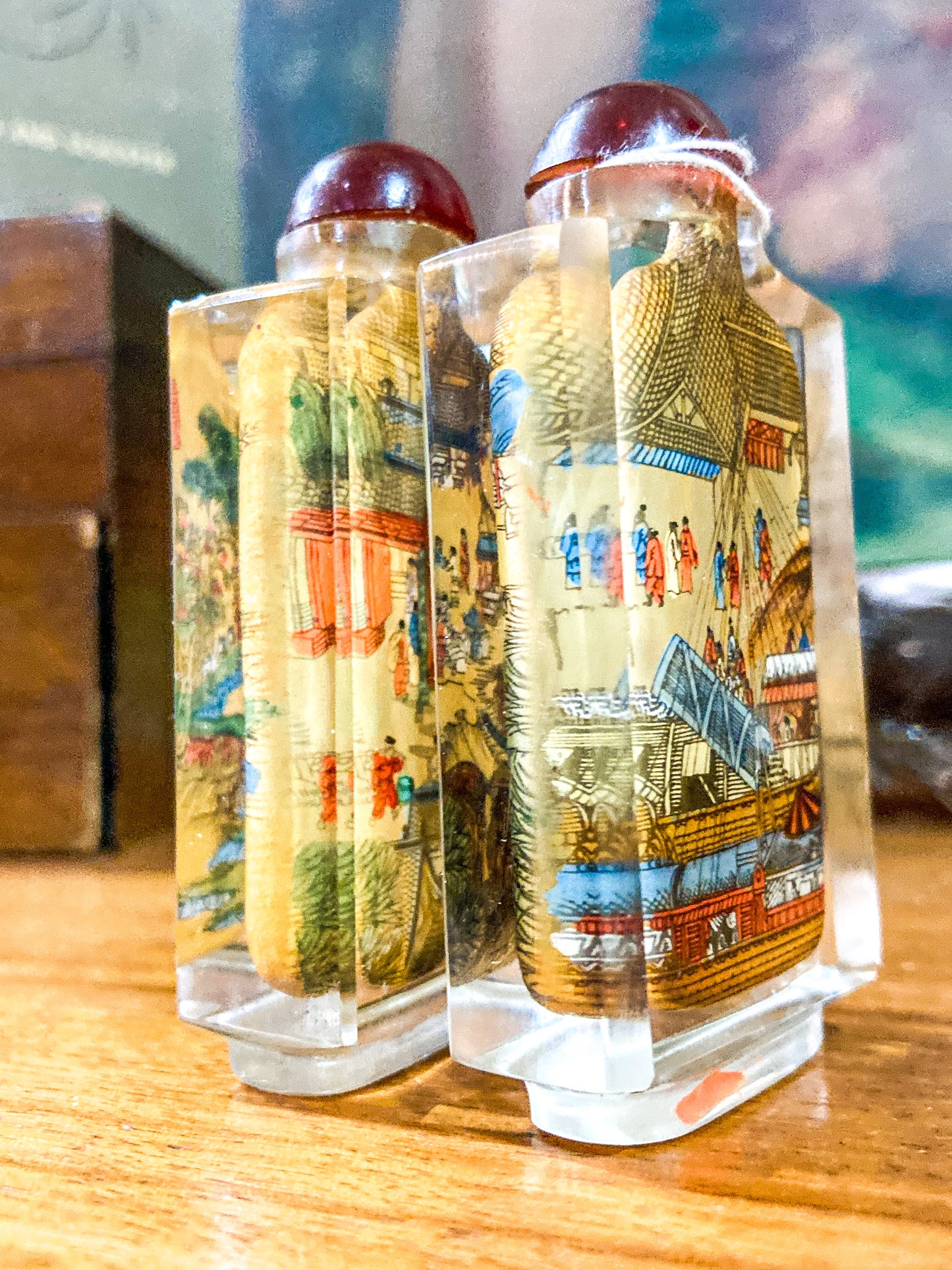 Vintage Midcentury Chinese Cityscape Reverse Painted Rock Crystal Snuff Bottles