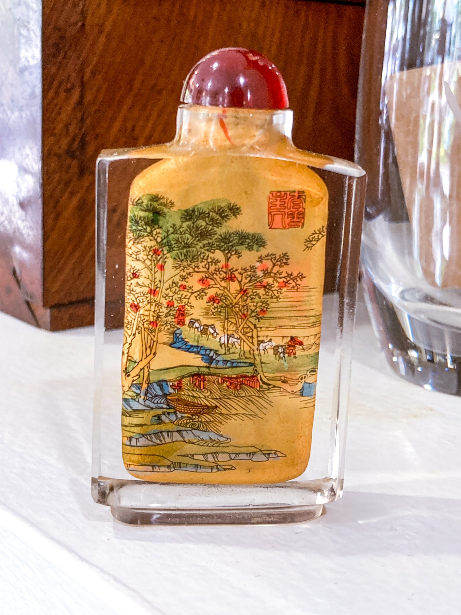Vintage Midcentury Chinese Cityscape Reverse Painted Rock Crystal Snuff Bottles
