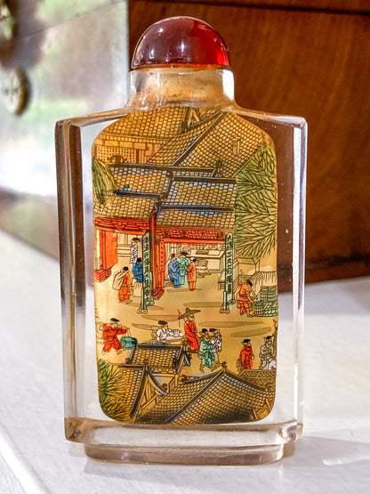 Vintage Midcentury Chinese Cityscape Reverse Painted Rock Crystal Snuff Bottles 2