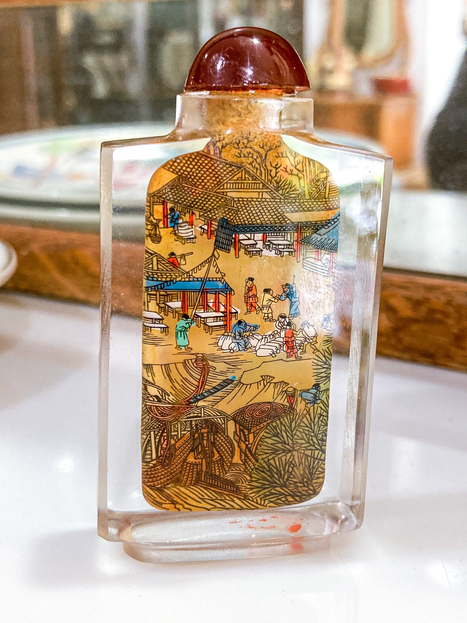 Vintage Midcentury Chinese Cityscape Reverse Painted Rock Crystal Snuff Bottles 1