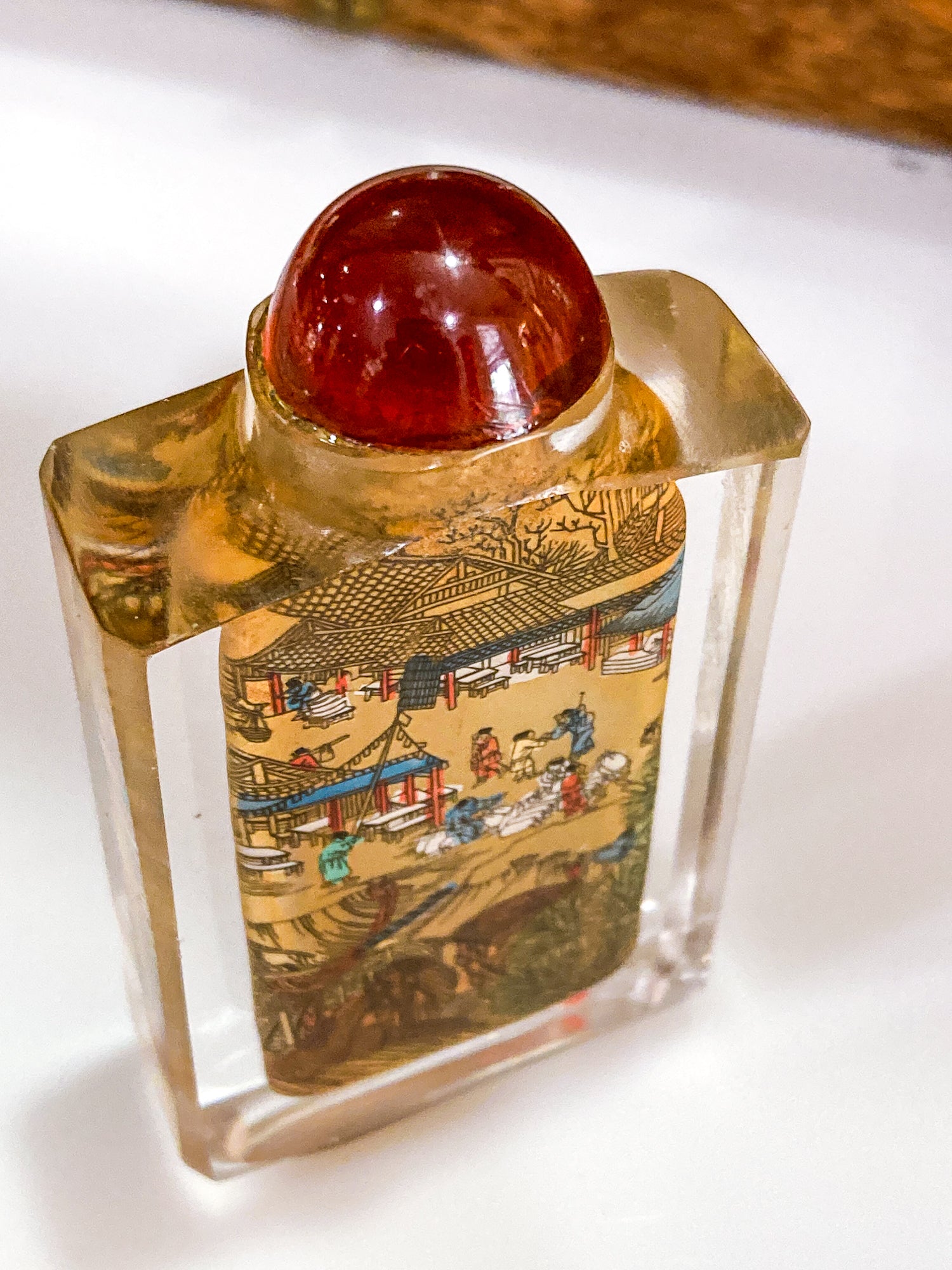 Vintage Midcentury Chinese Cityscape Reverse Painted Rock Crystal Snuff Bottles