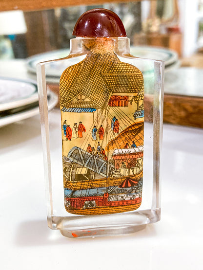 Vintage Midcentury Chinese Cityscape Reverse Painted Rock Crystal Snuff Bottles