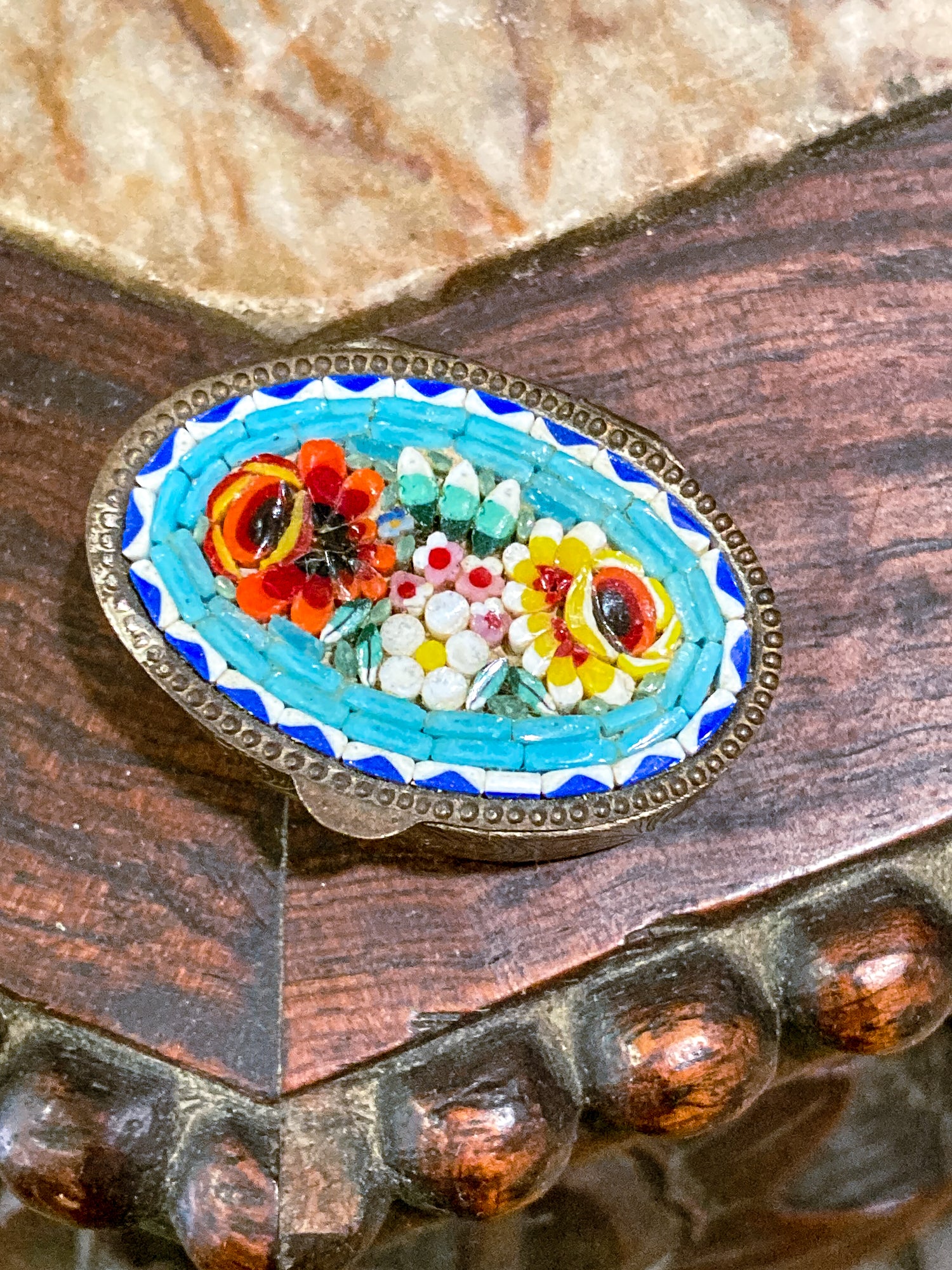 Vintage Mid Century Italian Glass Micro-Mosaic Floral Motif Trinket Pill Box
