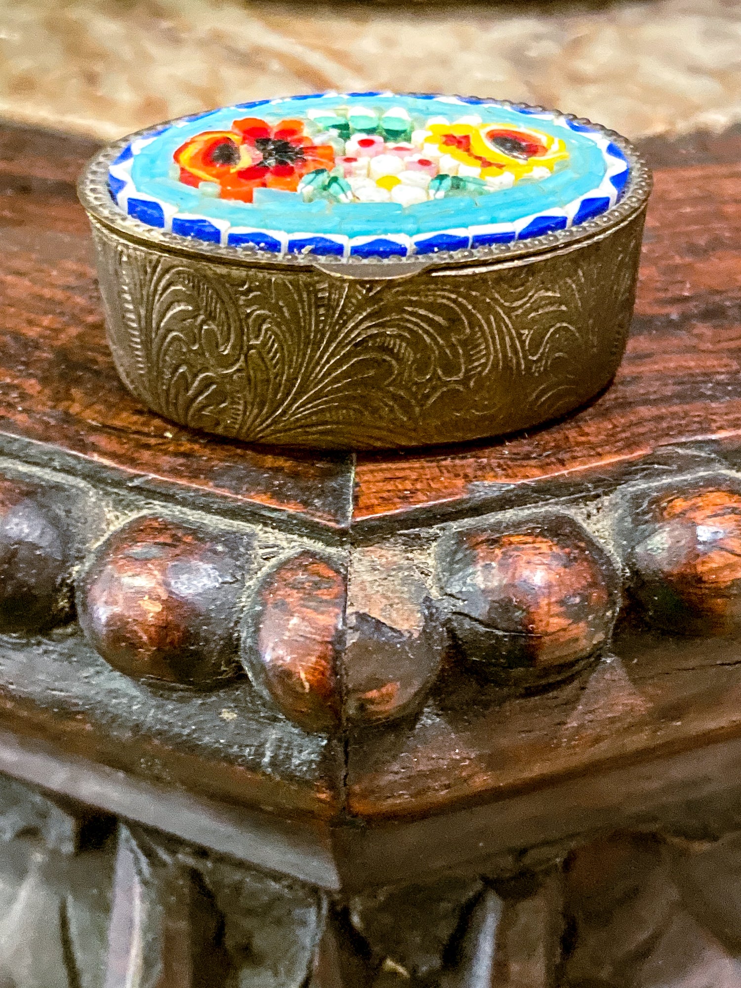 Vintage Mid Century Italian Glass Micro-Mosaic Floral Motif Trinket Pill Box