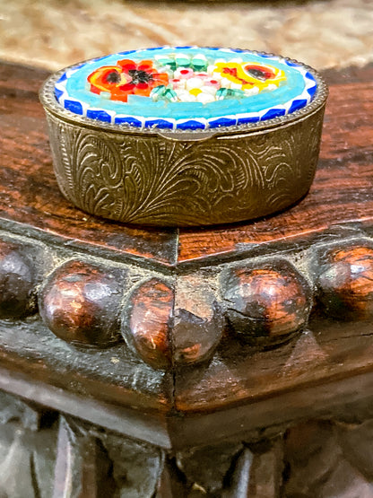 Vintage Mid Century Italian Glass Micro-Mosaic Floral Motif Trinket Pill Box
