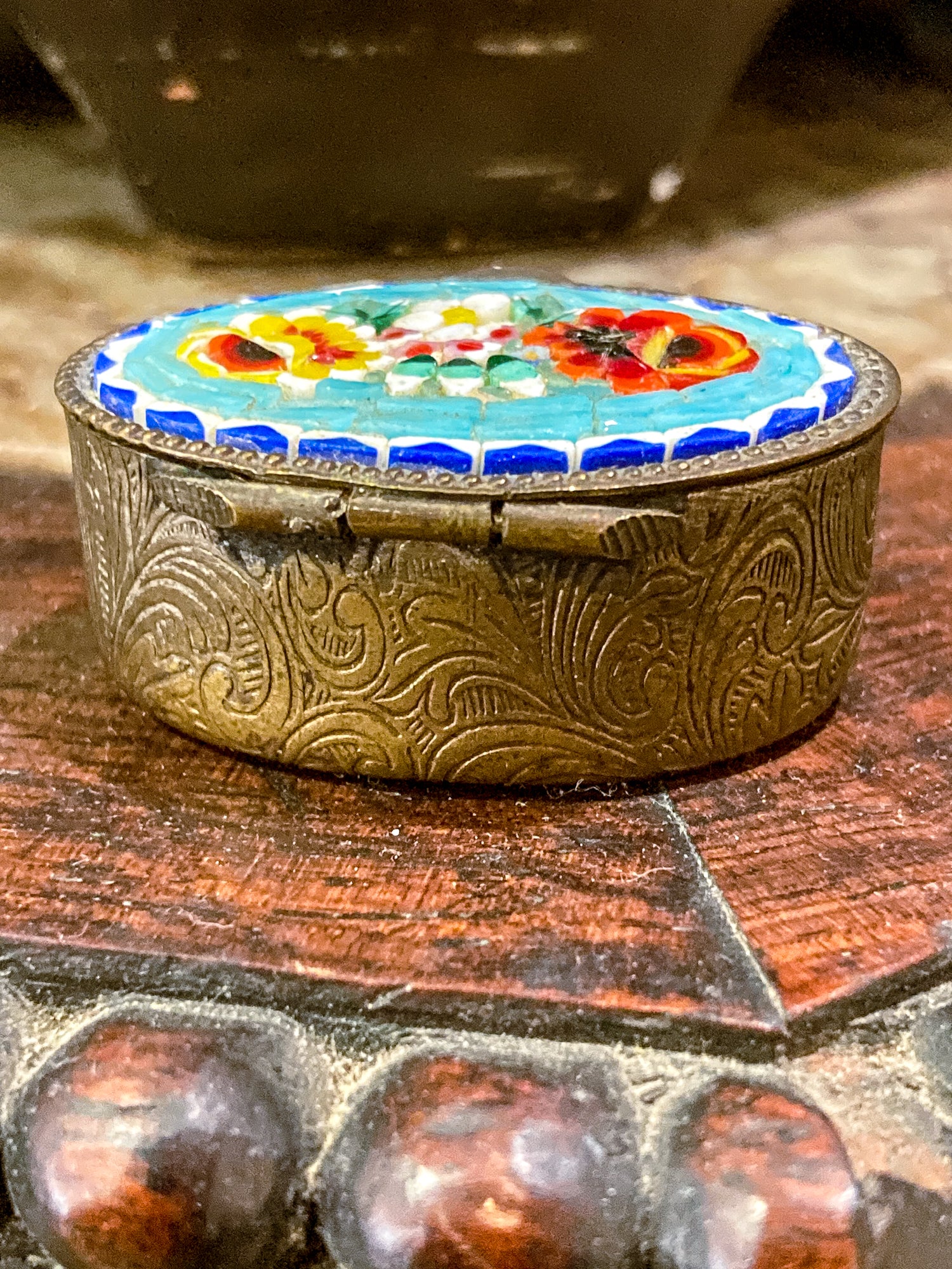Vintage Mid Century Italian Glass Micro-Mosaic Floral Motif Trinket Pill Box