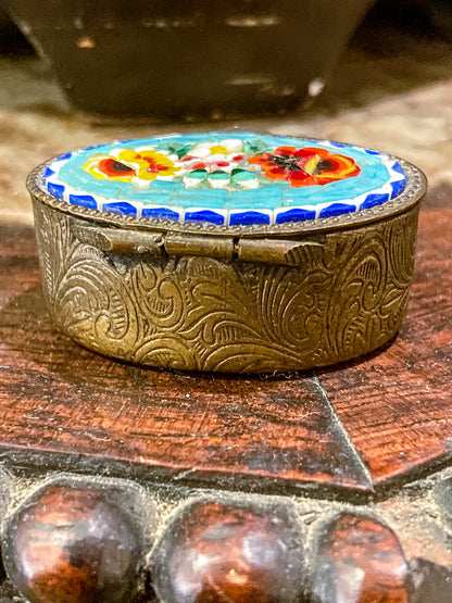 Vintage Mid Century Italian Glass Micro-Mosaic Floral Motif Trinket Pill Box