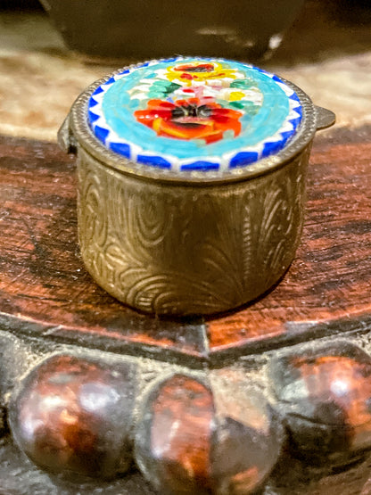 Vintage Mid Century Italian Glass Micro-Mosaic Floral Motif Trinket Pill Box