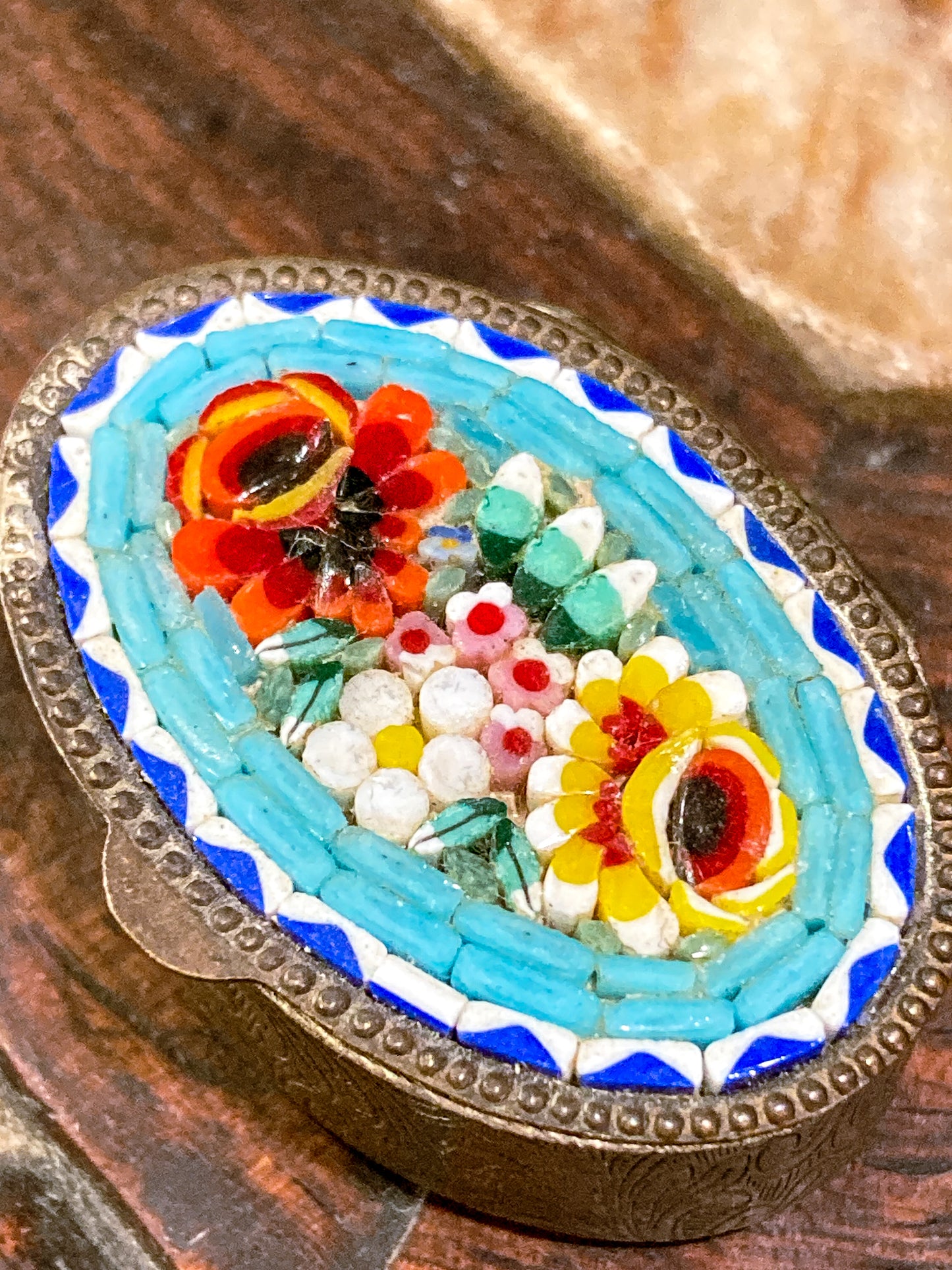 Vintage Mid Century Italian Glass Micro-Mosaic Floral Motif Trinket Pill Box