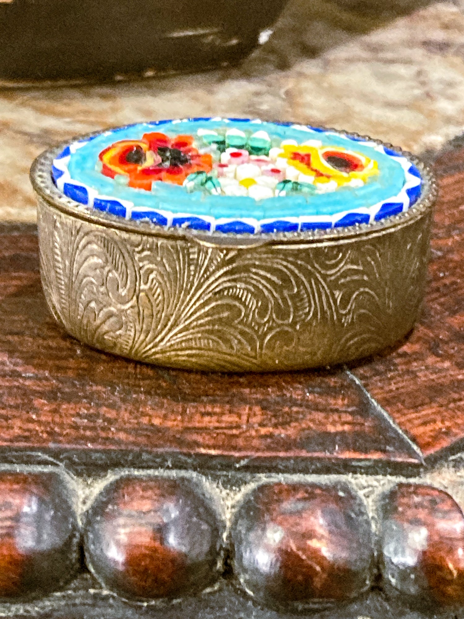 Vintage Mid Century Italian Glass Micro-Mosaic Floral Motif Trinket Pill Box
