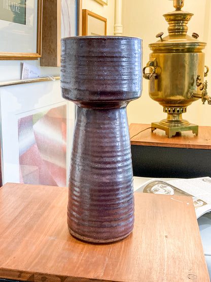 Vintage Midcentury Metallic Burgundy Pottery Stoneware Tall Ikebana Vase